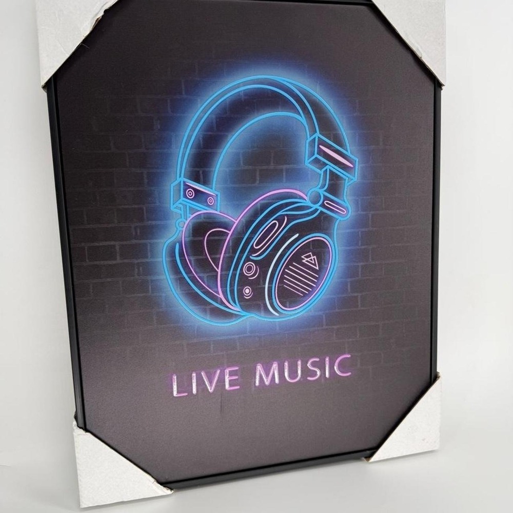 Live Music Neon Style Headphone Framed Wall Art Black Blue Pink 16x20